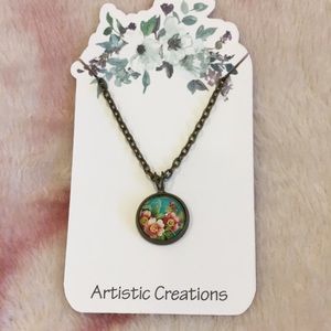 Teal Peach Floral Botanical Glass Cabashon pendant Necklace 18” Brass Chain